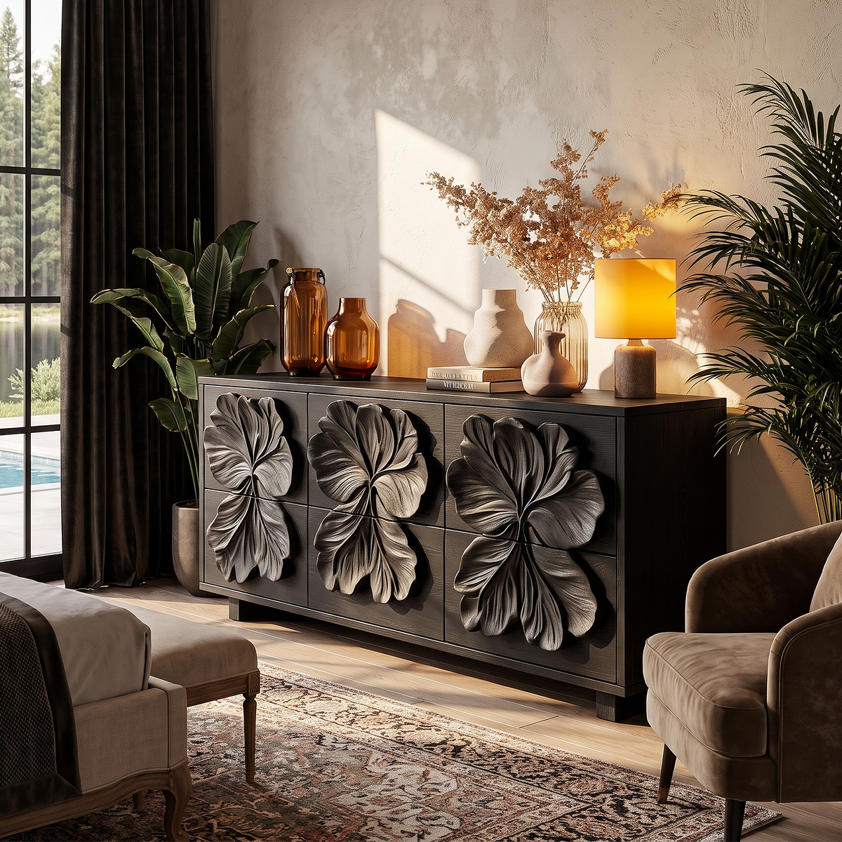 Rustic Bedroom Dresser with Carved Floral Drawer Fronts and Form, solid wood, built to order, view 4