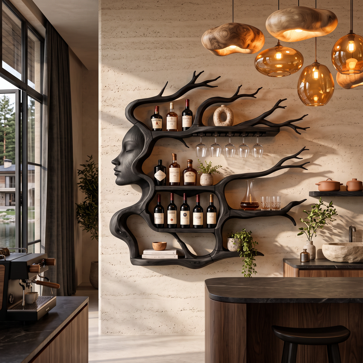 Contemporary Wall Mounted Wine Rack with Sculptural Face Tree Design, solid wood, built to order, view 3