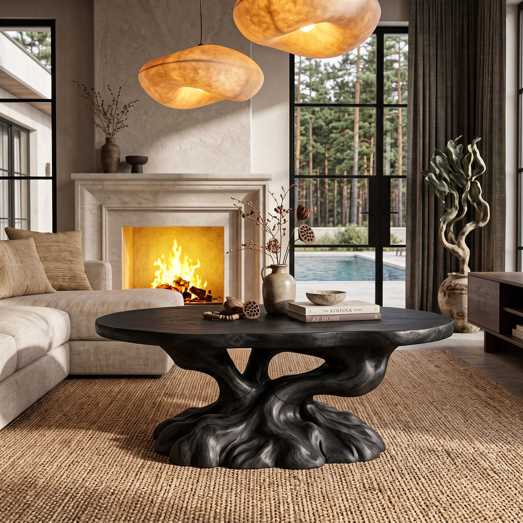 Rustic Coffee Table with Tree Root Inspired Base, solid wood, built to order