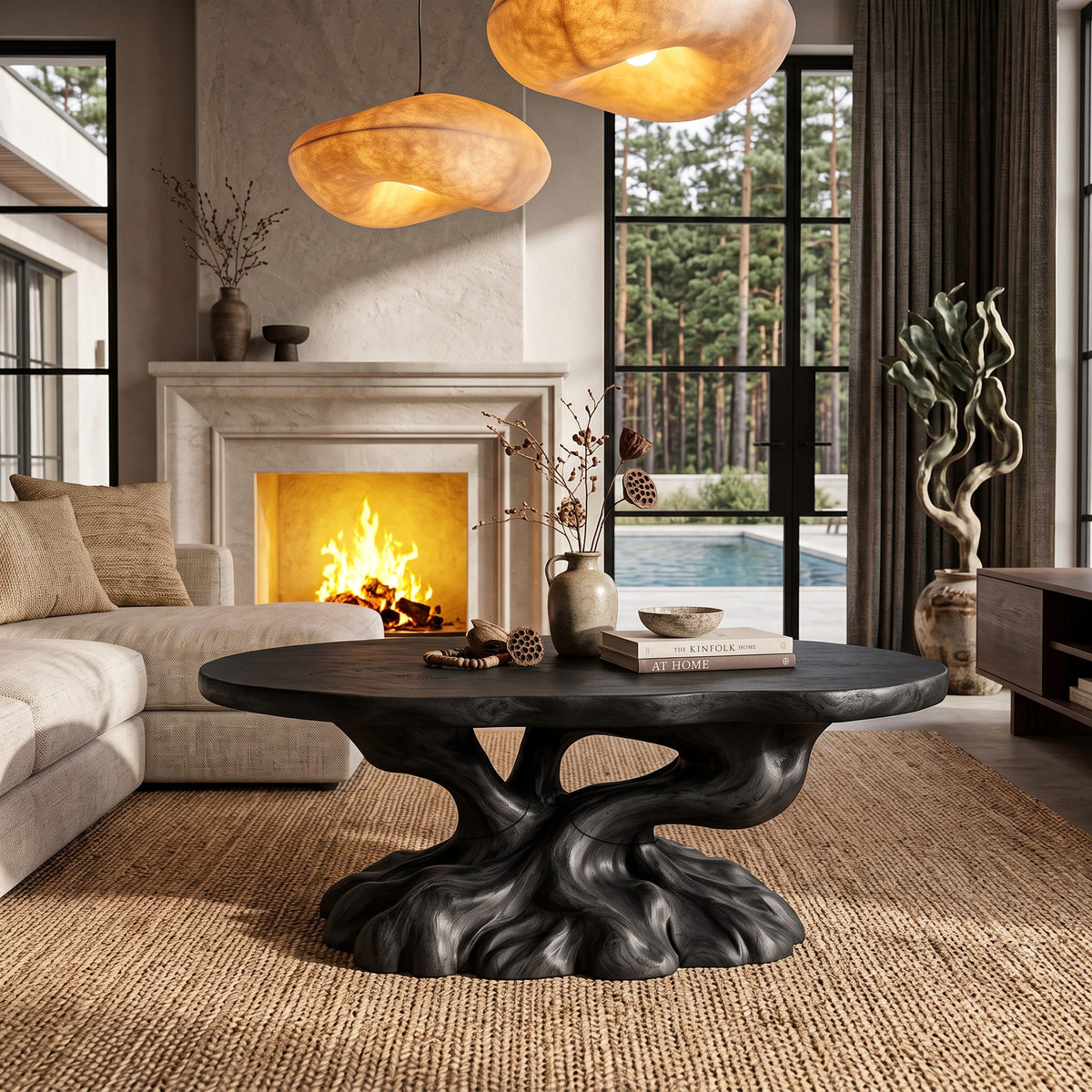 Rustic Coffee Table with Tree Root Inspired Base, solid wood, built to order