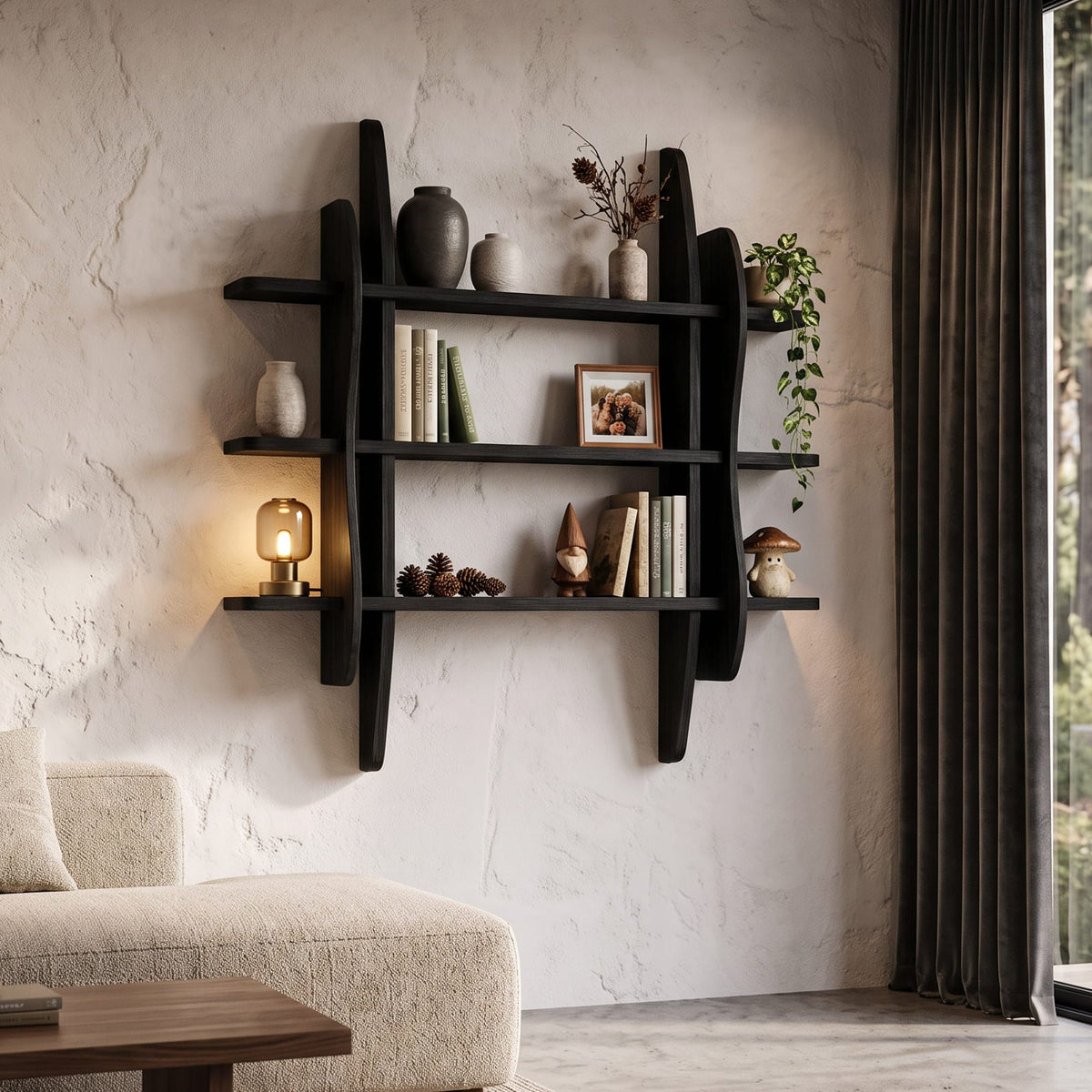 Contemporary Display Shelf with Sculptural Frame Design, solid wood, built to order