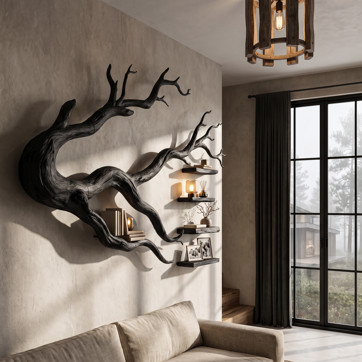 Organic Tree Bookcase with Flowing Wall Mounted Branches, solid wood, built to order, view 3
