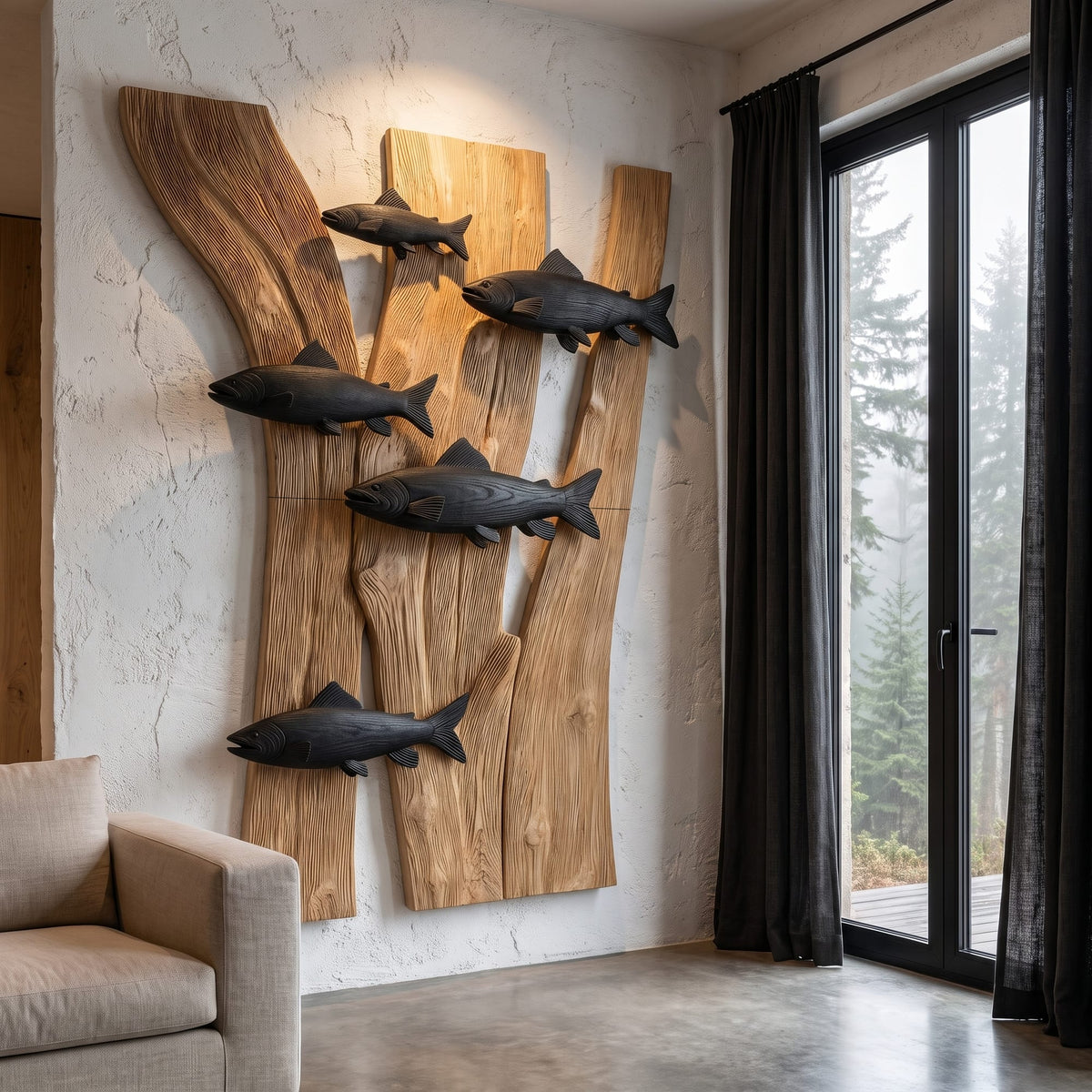 Contemporary Fish Wall Decor with Sculptural River Scene, solid wood, built to order
