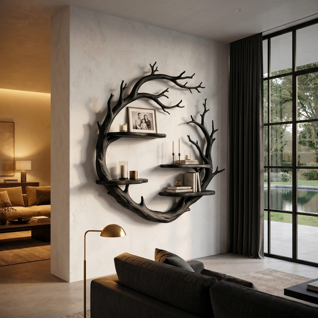 Contemporary Floating Shelf with Tree Branch Display Design, solid wood, built to order
