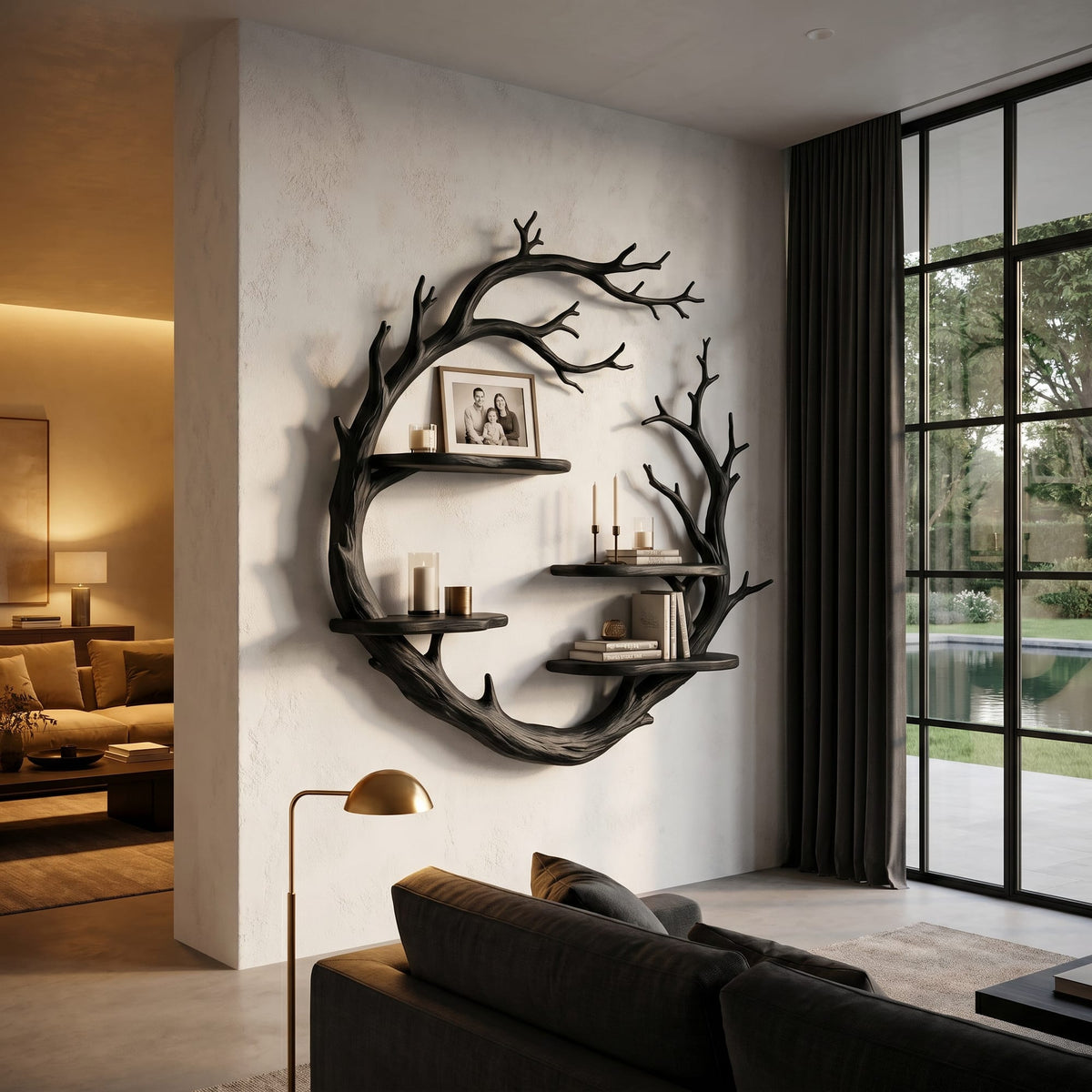 Contemporary Floating Shelf with Tree Branch Display Design, solid wood, built to order