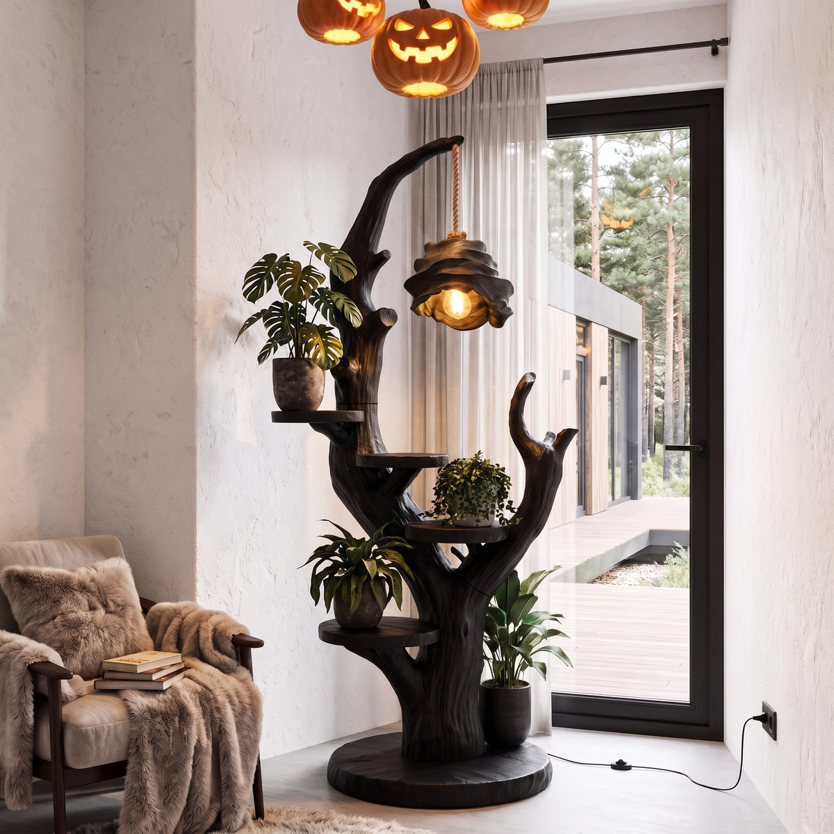 Contemporary Plant Display Stand with Floating Circular Shelves, solid wood, built to order