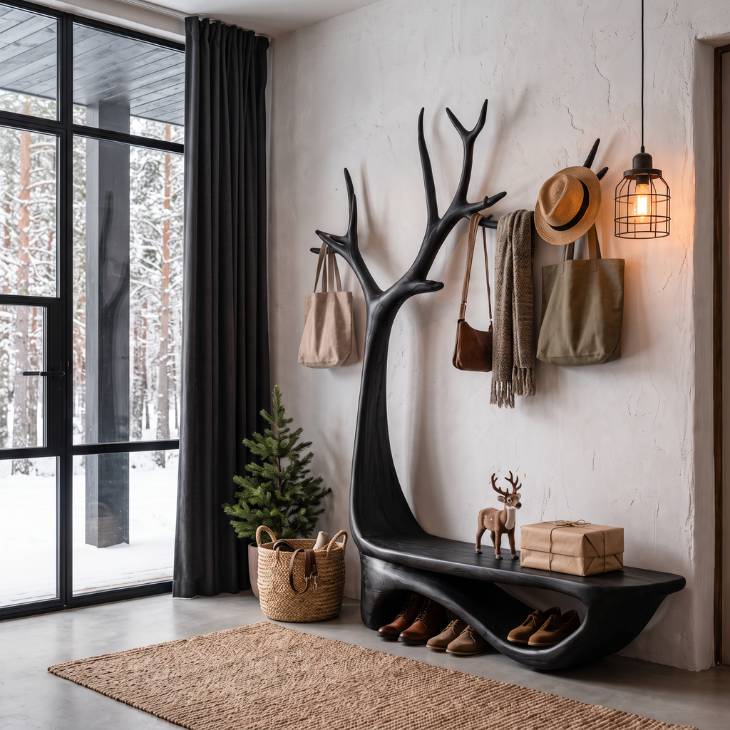 Organic Tree Shoe Bench Wall Mounted Coat Rack Storage, solid wood, built to order, view 4