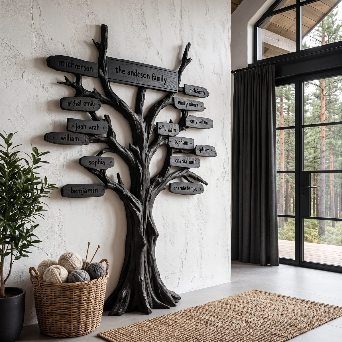 Contemporary Family Tree Wall Art with Custom Name Plaques, solid wood, built to order