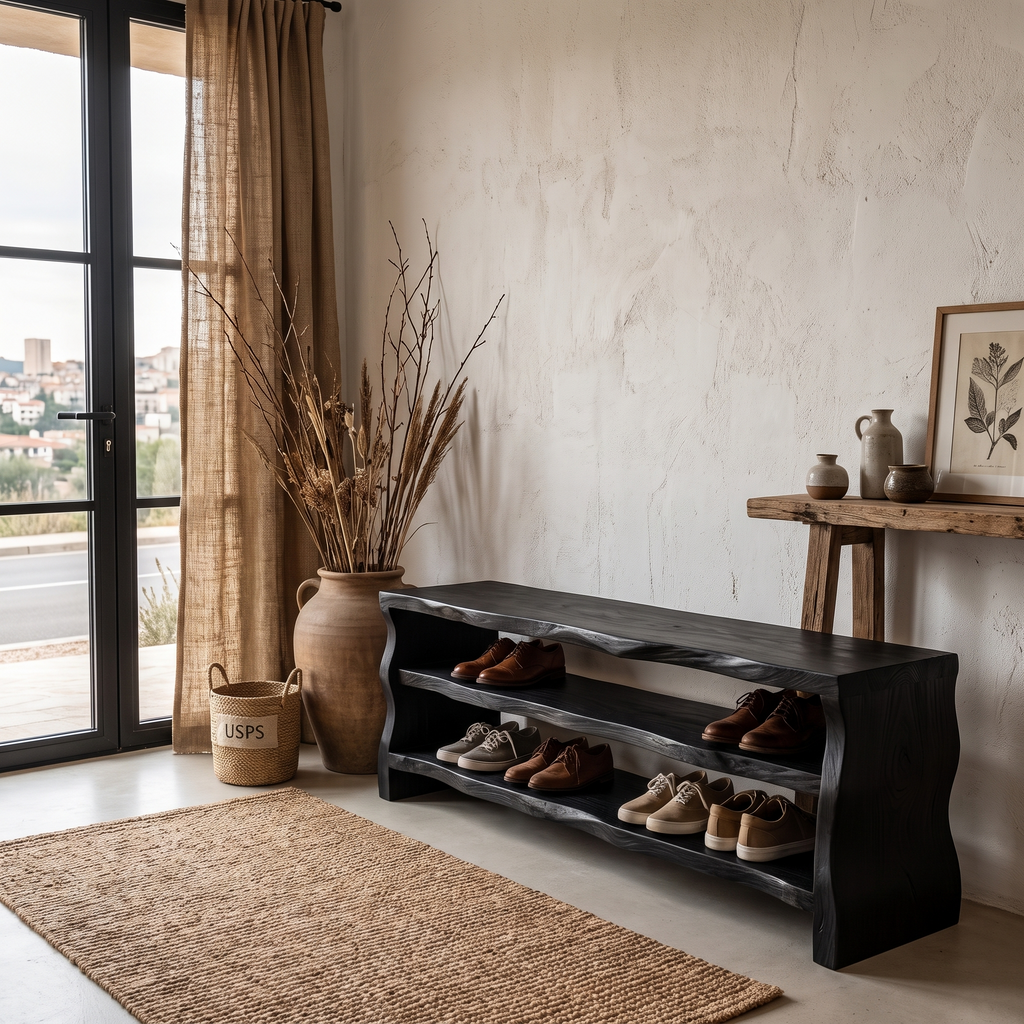Live Edge Shoe Bench Open Storage Organizer, solid wood, built to order, view 4