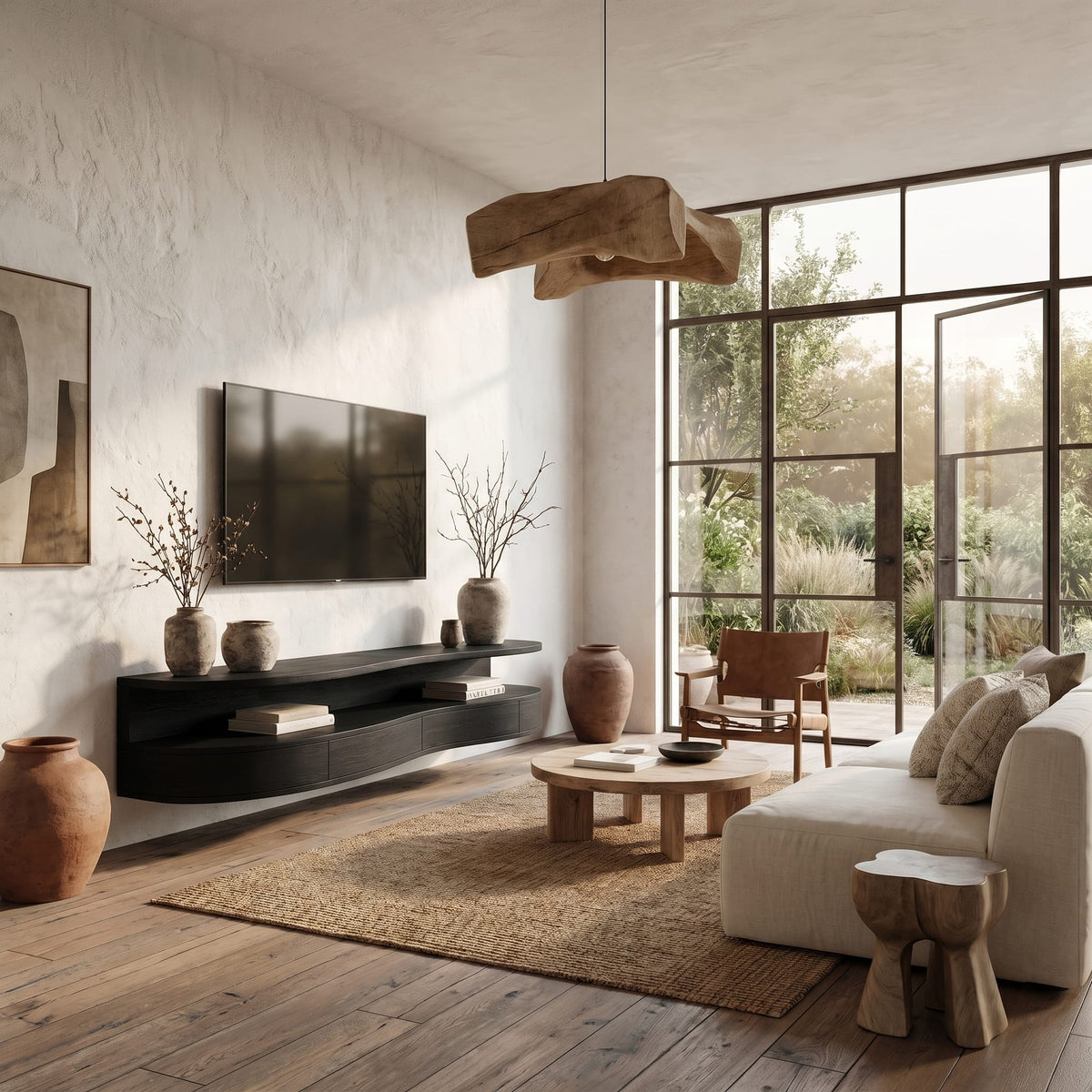 Contemporary Floating TV Stand with Built-in Drawer Storage, solid wood, built to order
