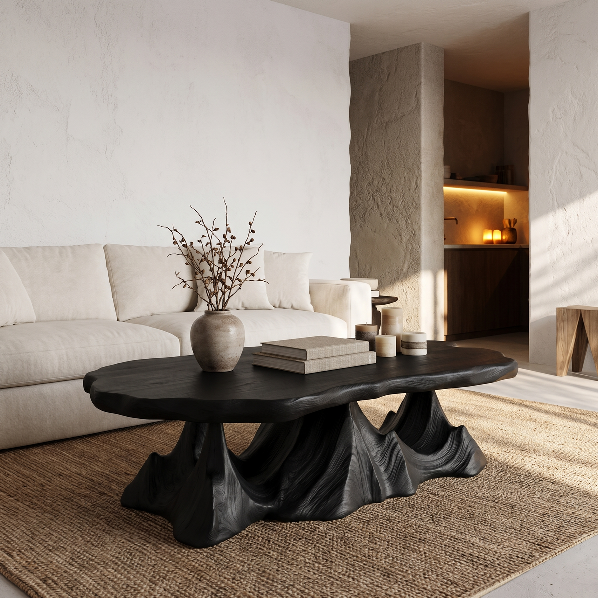 Rustic Coffee Table with Sculptural Wave Base, solid wood, built to order, view 4