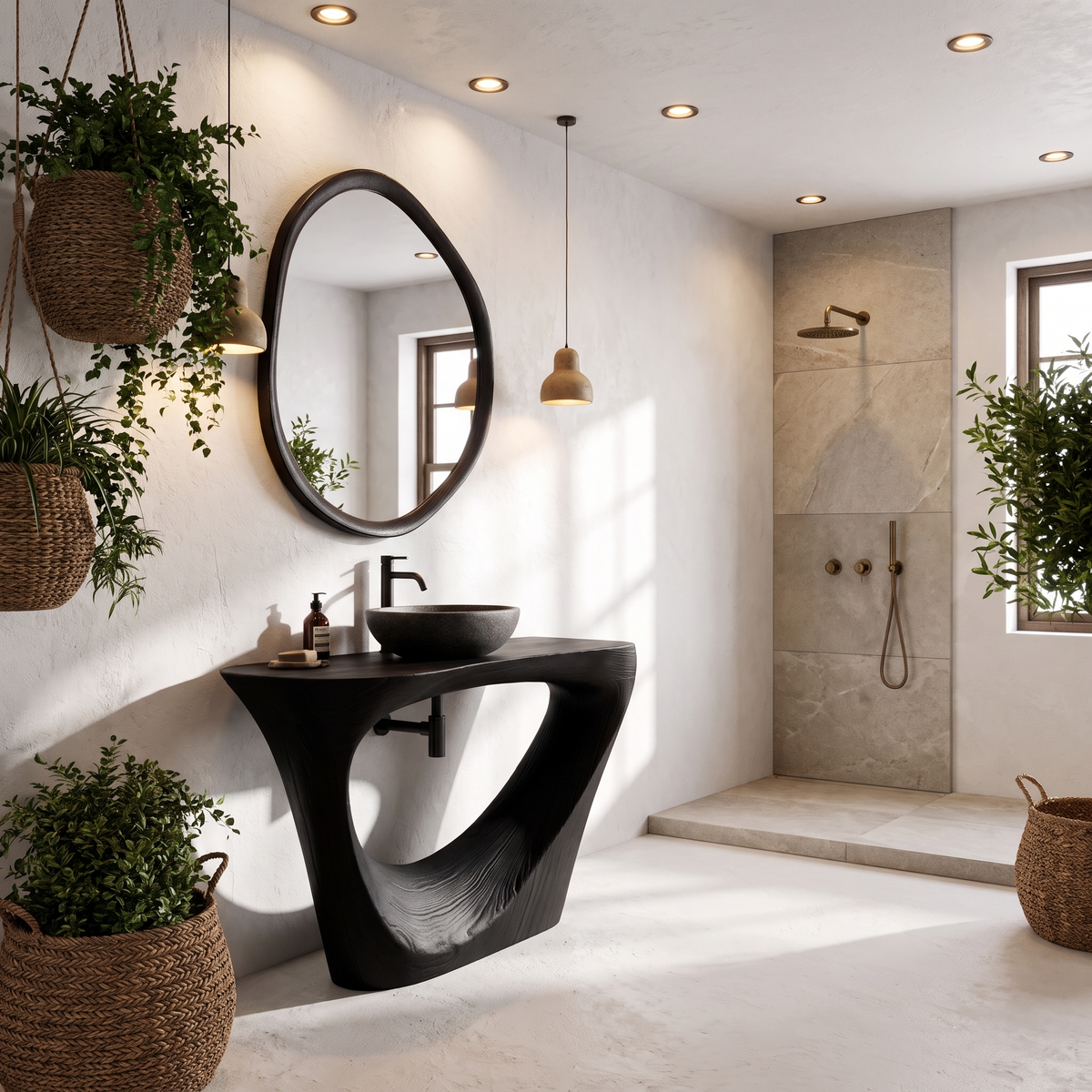 Live Edge Floating Bathroom Vanity with Sculptural Tree Support, solid wood, built to order, view 4