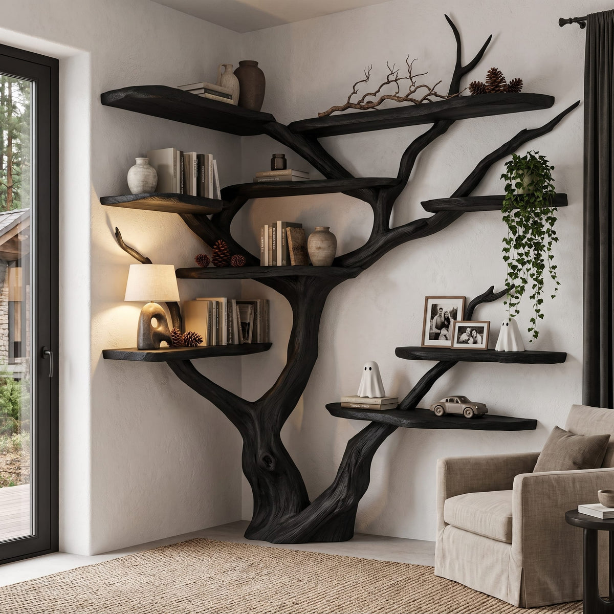 Contemporary Tree Bookshelf with Corner Branch Design, solid wood, built to order
