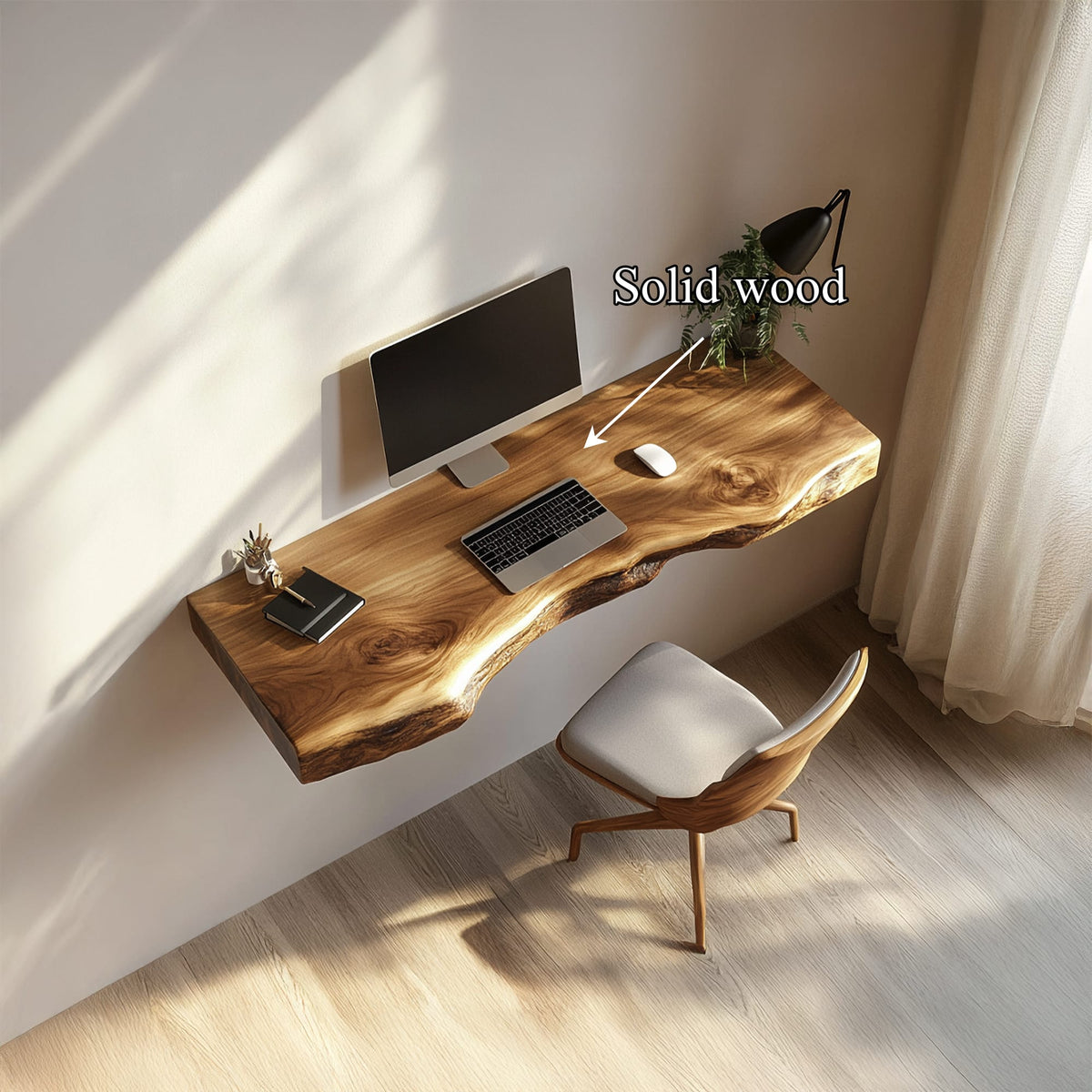 Handcrafted Live Edge Wall Desk Study Room Interior Design, solid wood, built to order