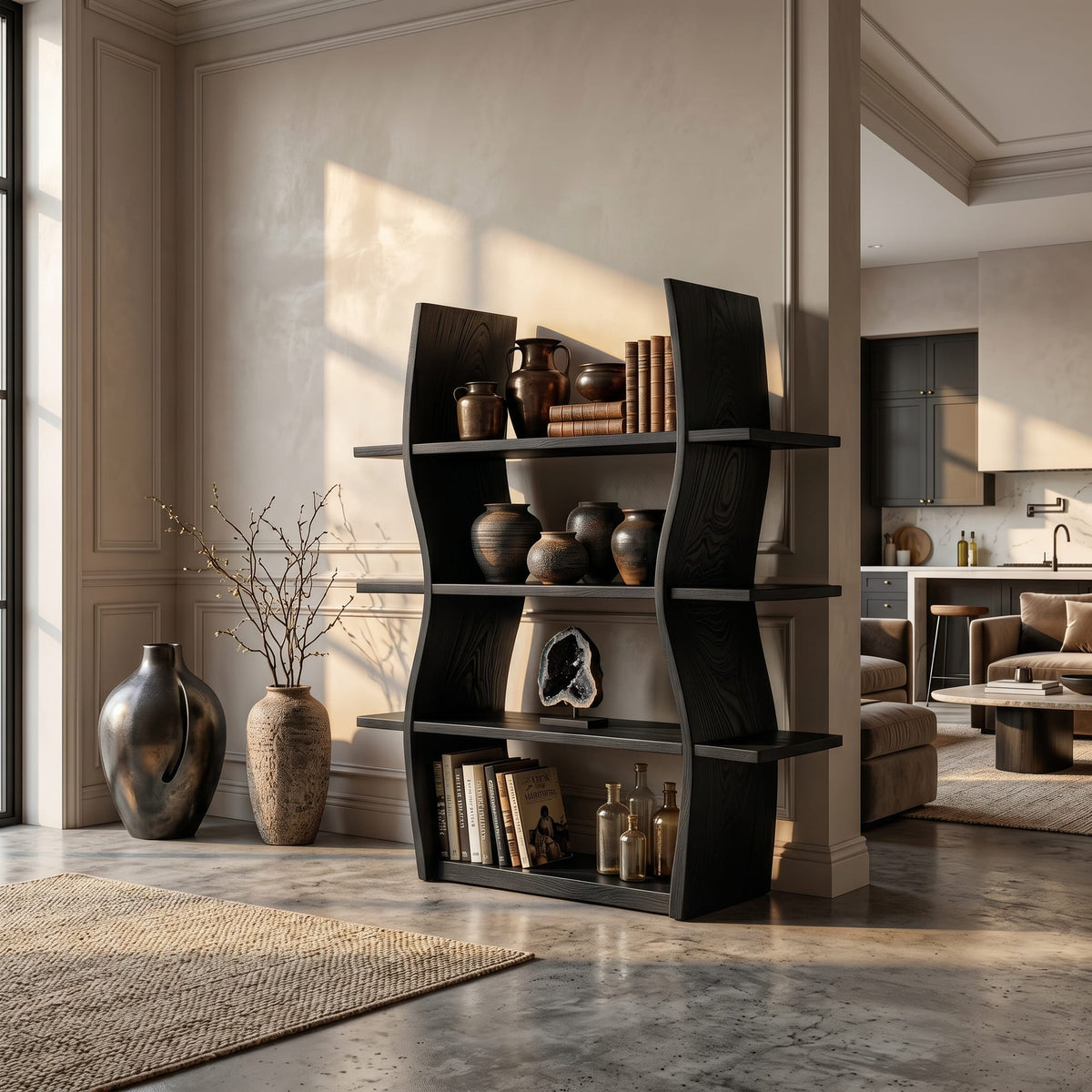Elegant Wooden Storage Shelf in Wave Design, solid wood, built to order