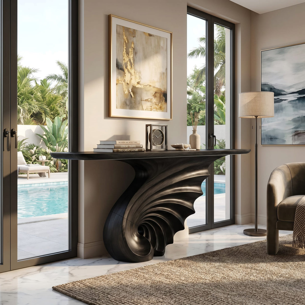 Spiral Base Console Table Contemporary Villa, solid wood, built to order
