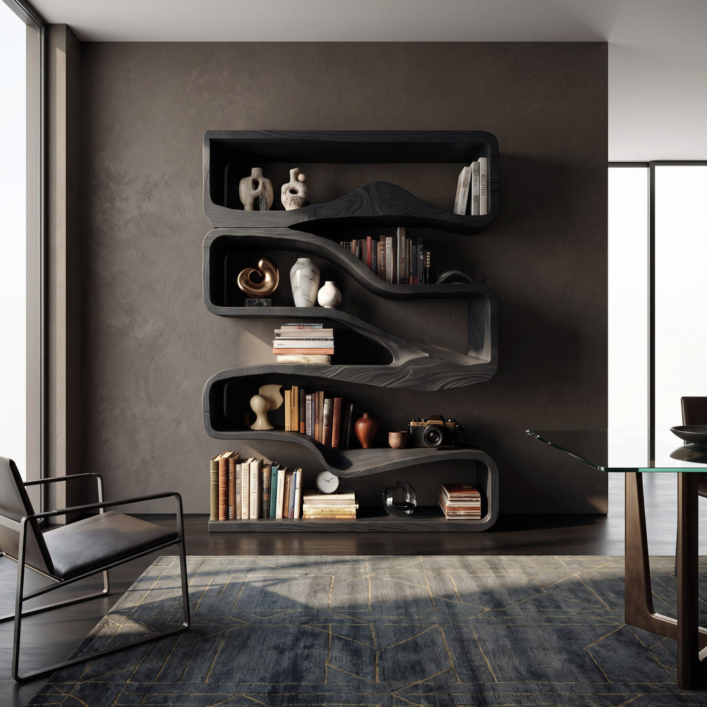 Modern Curved Bookshelf with Flowing Design, solid wood, built to order
