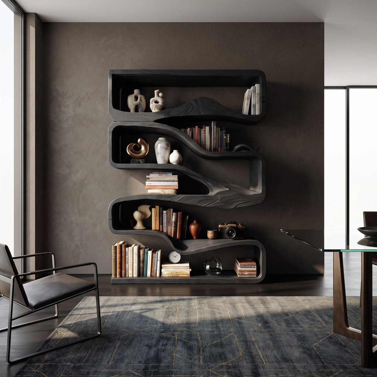 Modern Curved Bookshelf with Flowing Design, solid wood, built to order