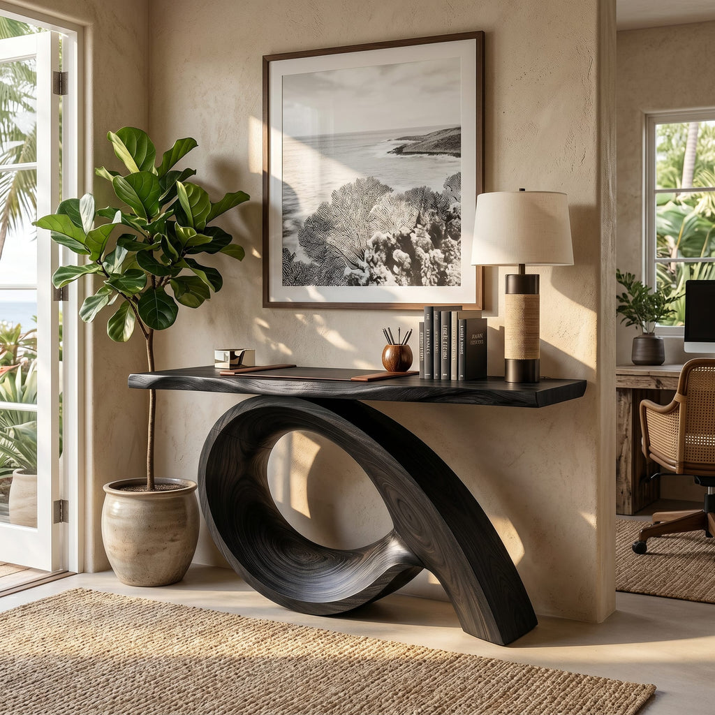 Organic Fluted Base Console Table Contemporary Entryway, solid wood, built to order