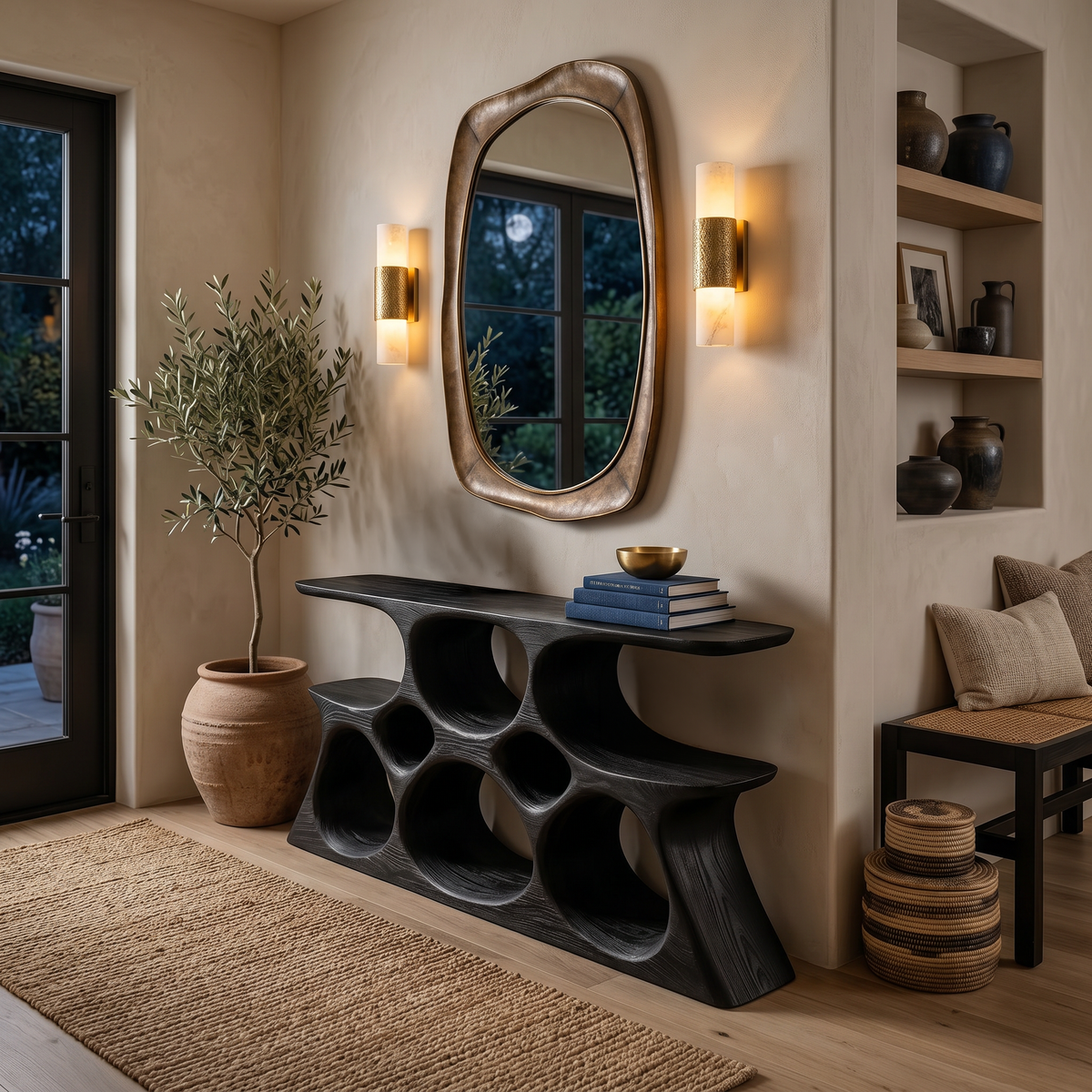 Elegant Wooden Console Table with Sculptural Shelves, solid wood, built to order, view 4