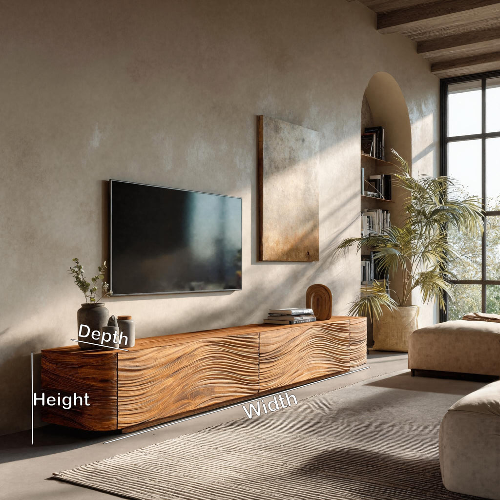 Minimalist Wave TV Console, solid wood, built to order