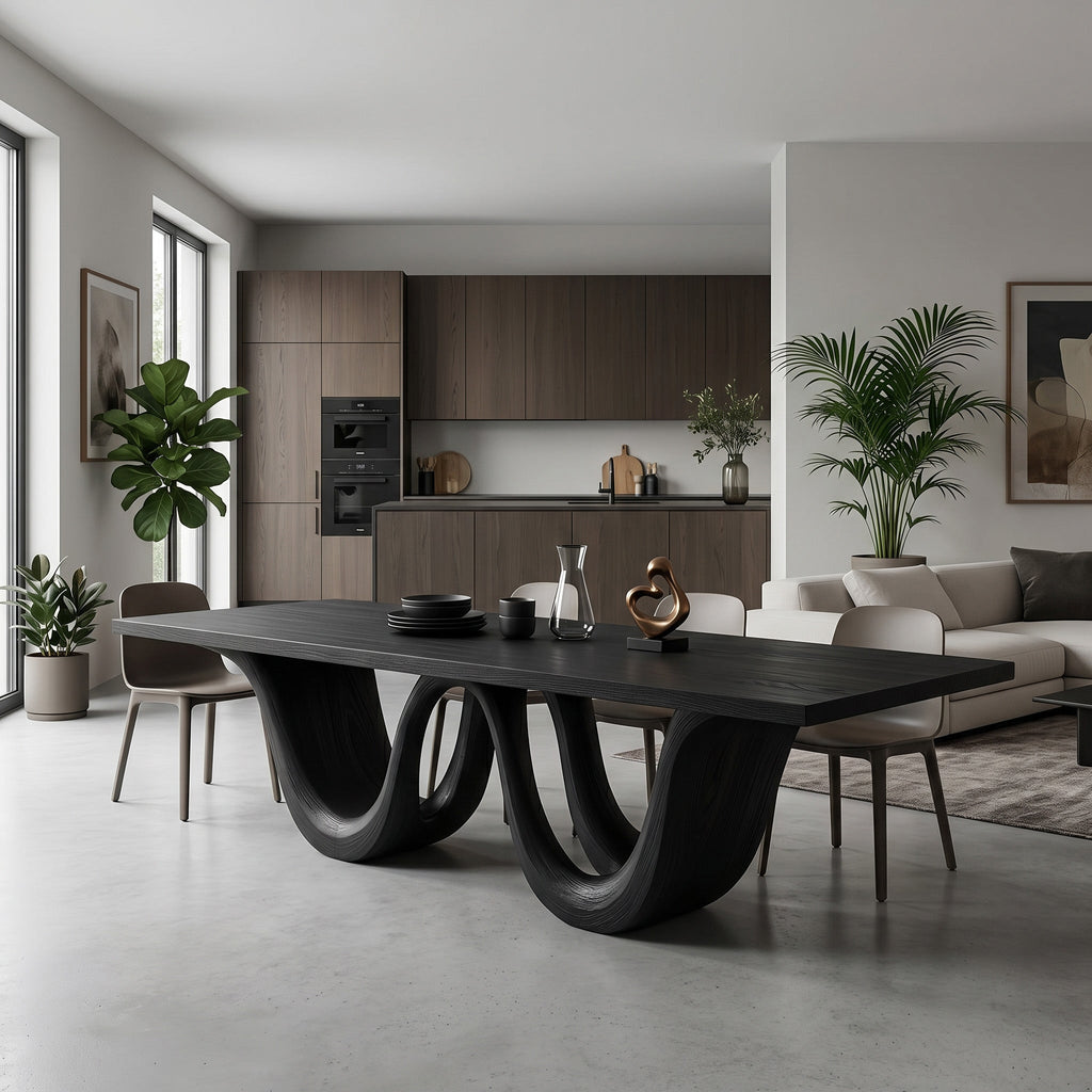 Contemporary Two Wavy Legs Dining Table, solid wood, built to order