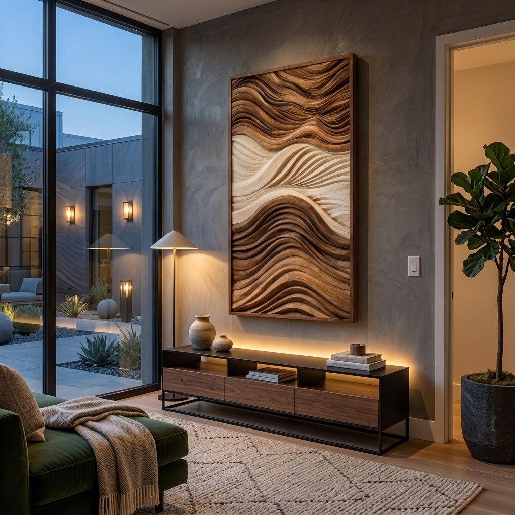 Vertical Sculptural Wall Art with Wave Carved Design, solid wood, built to order, view 6