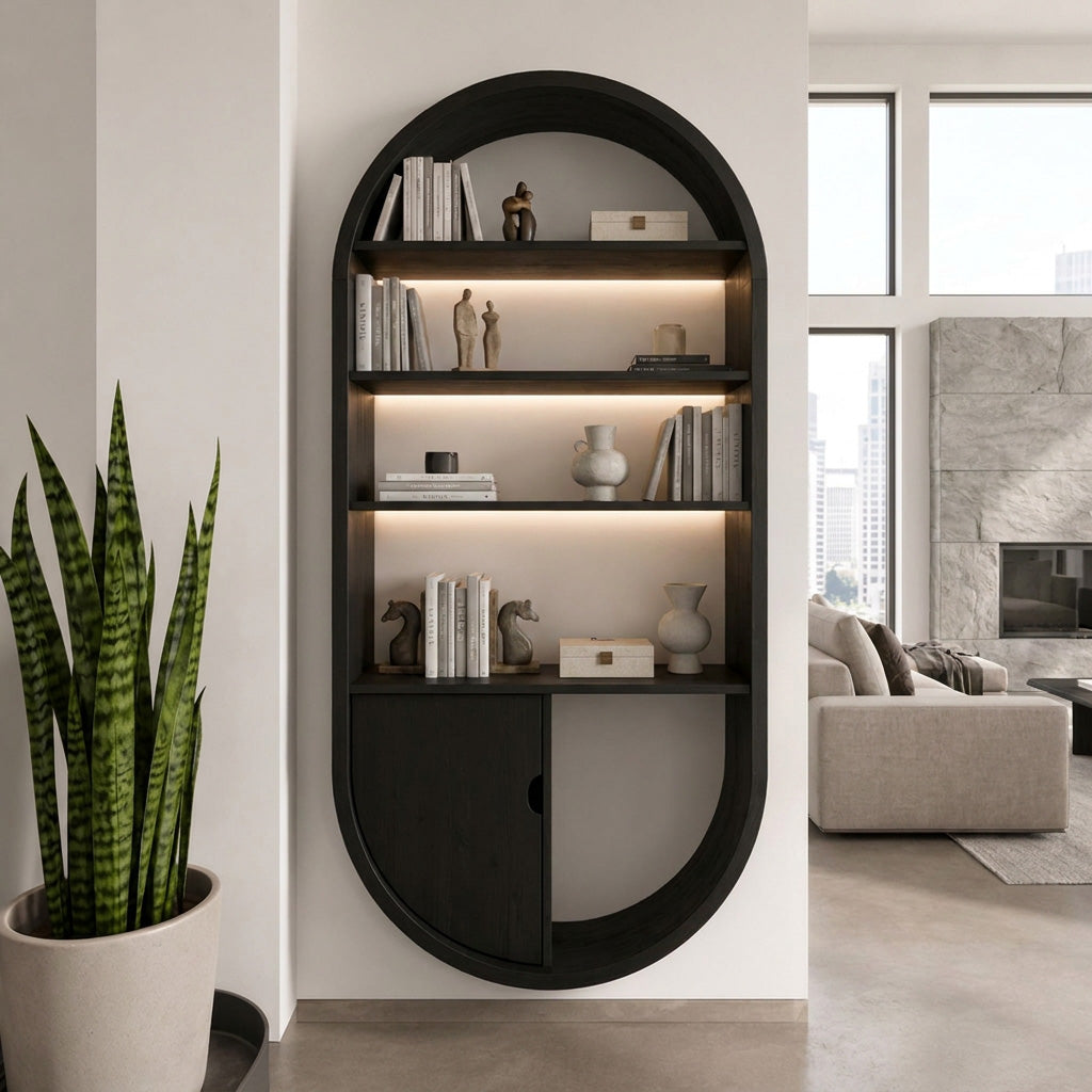 Arched Wooden Wall Bookshelf with Cabinet & Lighting, solid wood, built to order, view 4