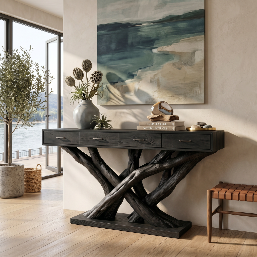 Organic Modern Twisted Root Console Table Entryway, solid wood, built to order, view 4