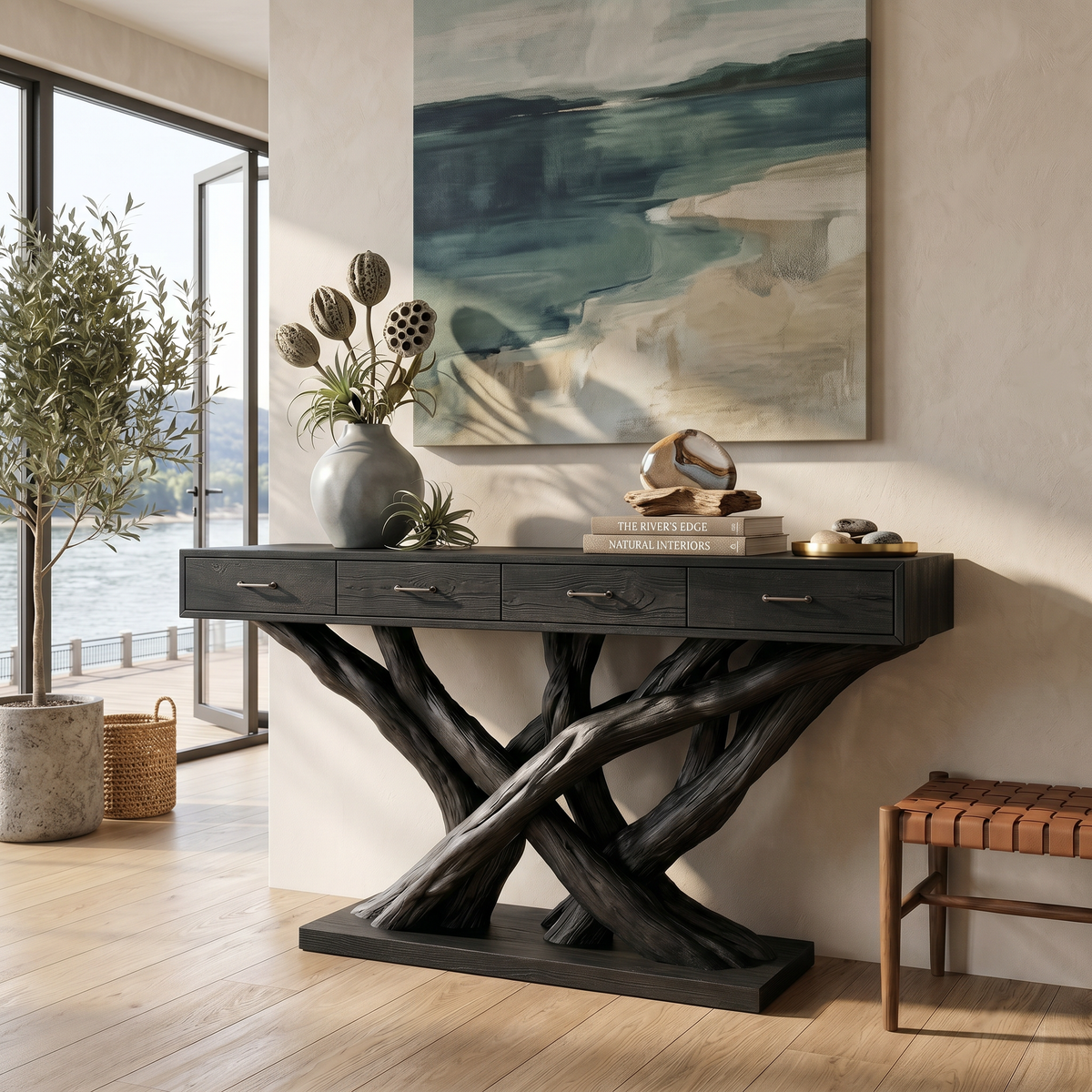 Organic Modern Twisted Root Console Table Entryway, solid wood, built to order, view 4