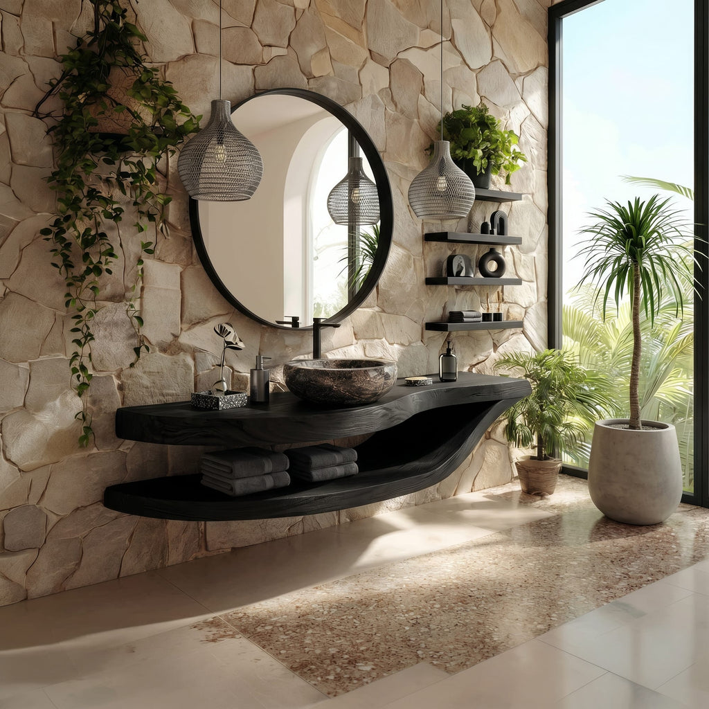 Open Shelf Vanity Cabinet Resort Suite, solid wood, built to order