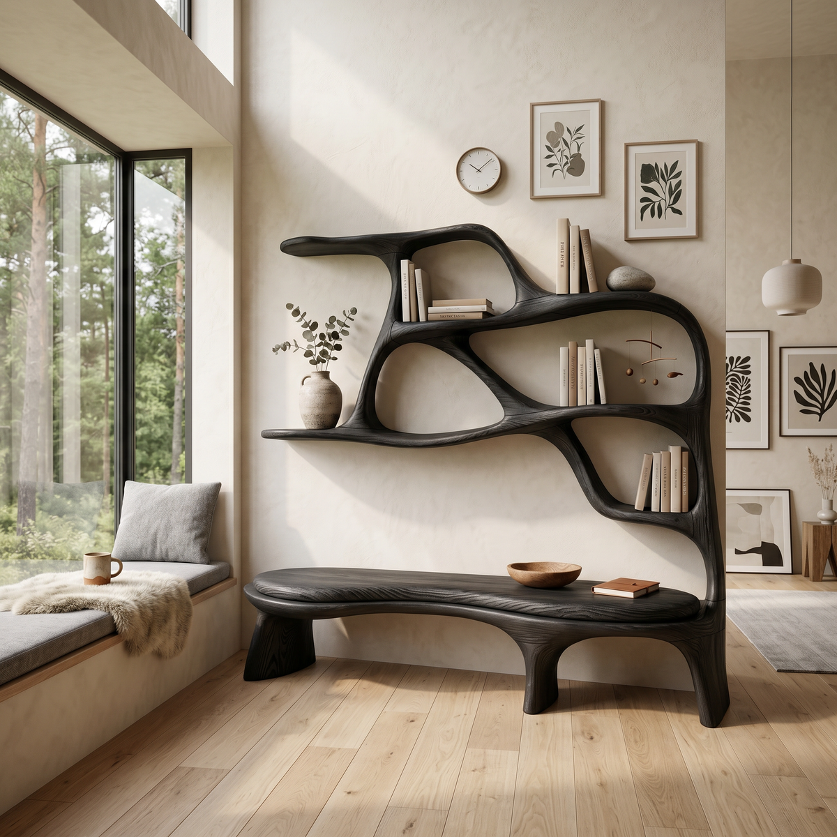 Minimalist Window Seat Bookcase, solid wood, built to order, view 4