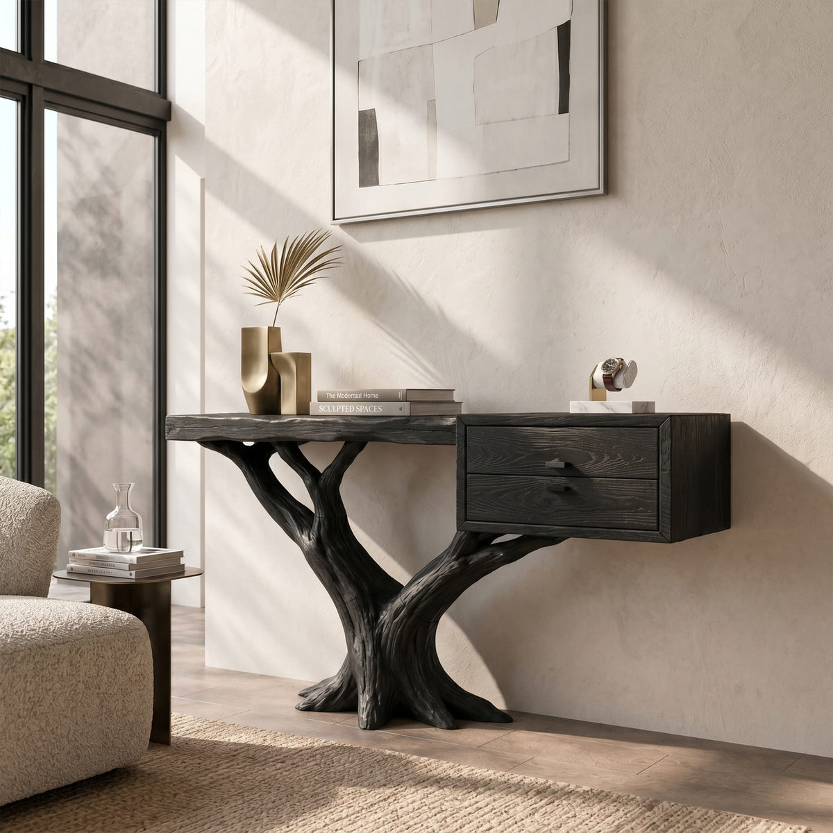 Contemporary Floating Tree Console Table Hallway, solid wood, built to order
