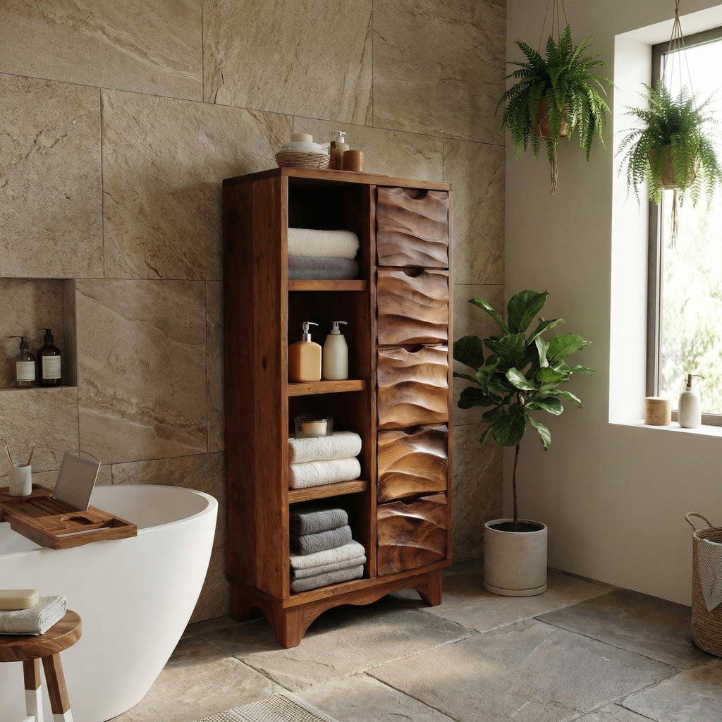 Contemporary Bathroom Cabinet with Open Shelves and Drawers for Spa, solid wood, built to order