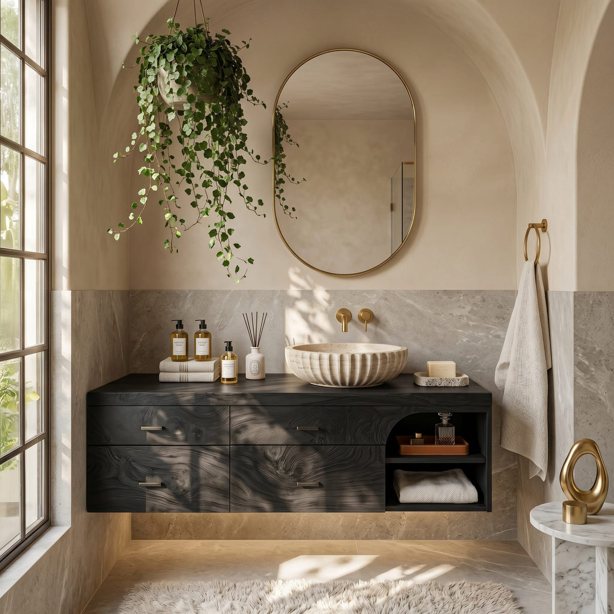 Farmhouse Bathroom Furniture with Floating Vanity, solid wood, built to order