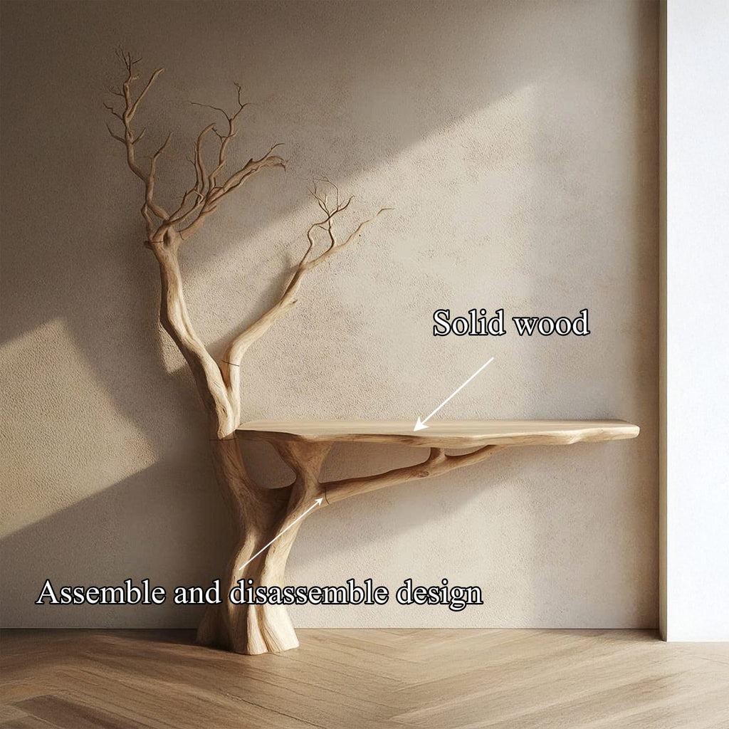 Rustic Console Table Sculpted Tree Hallway Entrance, solid wood, built to order