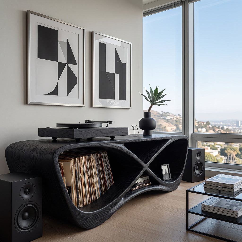 Contemporary Curved Record Player Console, solid wood, built to order, view 4
