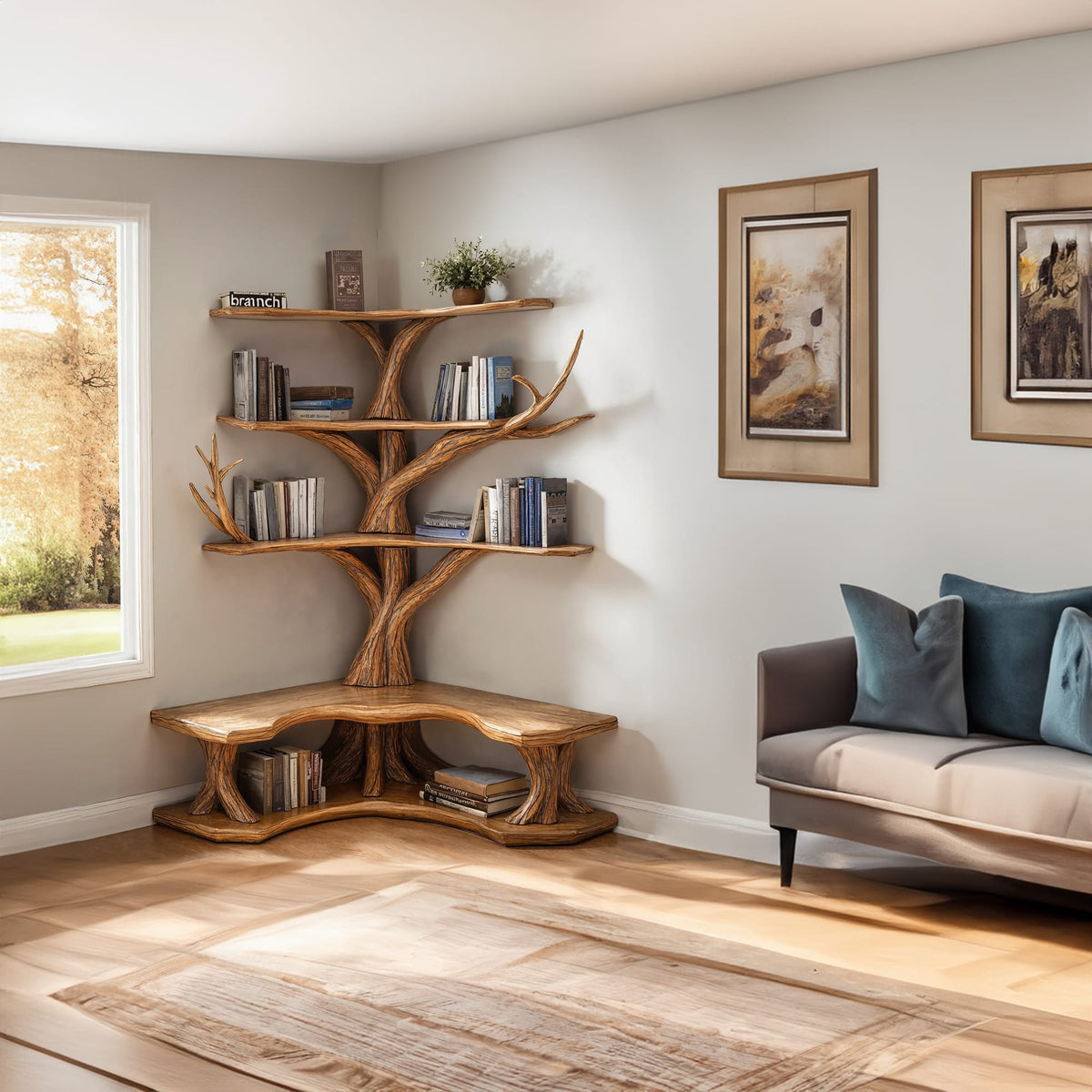 Tree Bookshelf with Corner Bench Lshaped Bench Driftwood Branch, solid wood, built to order