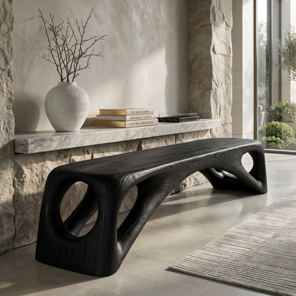 Organic Wooden Bench Hollow Design, solid wood, built to order