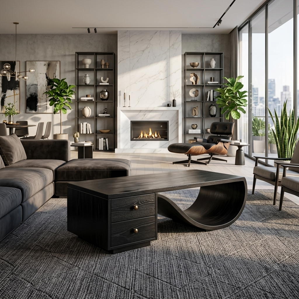 Wood Coffee Table with Curved Base and Drawer, solid wood, built to order