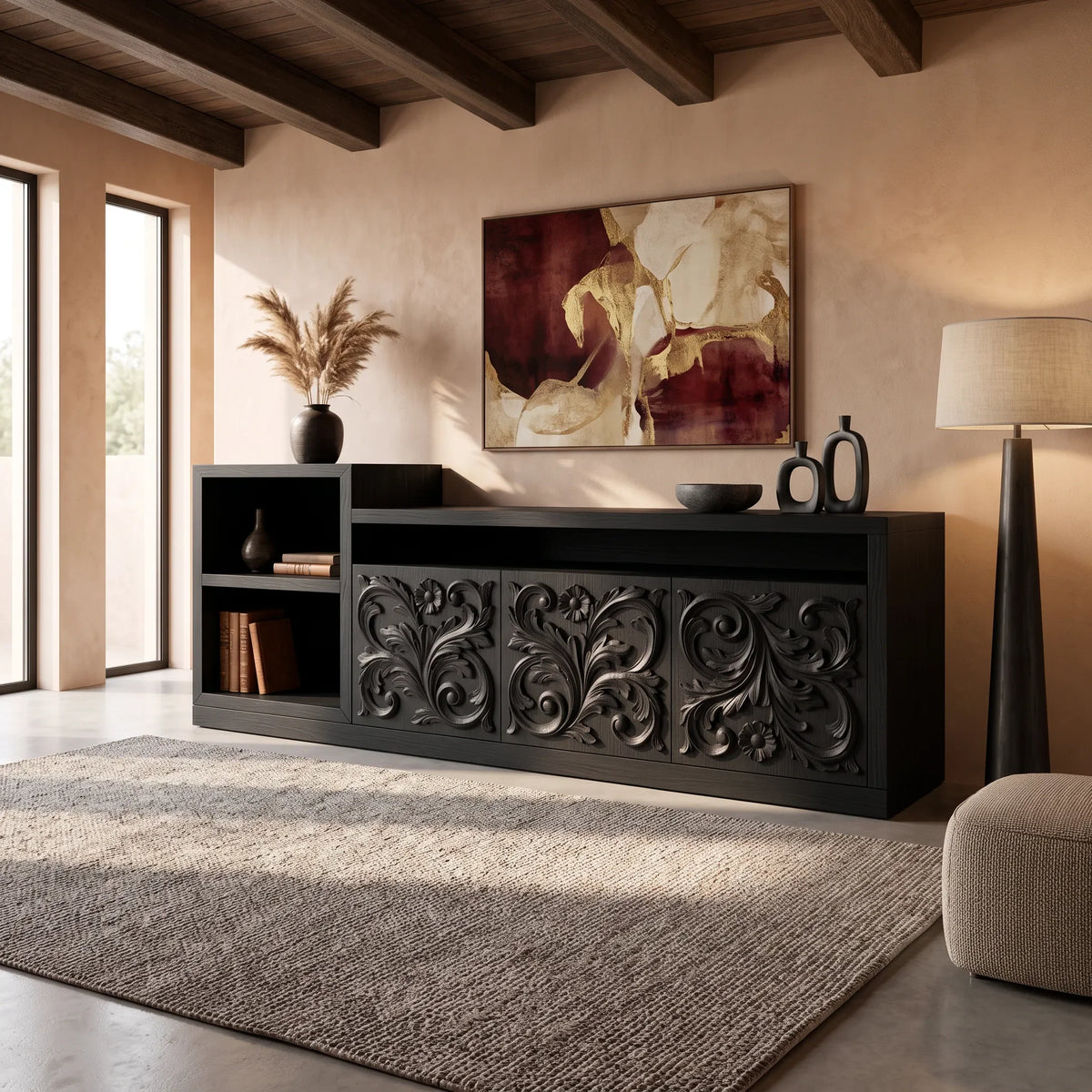 Organic Low Wave Carved Credenza Modern Living Room, solid wood, built to order, view 3