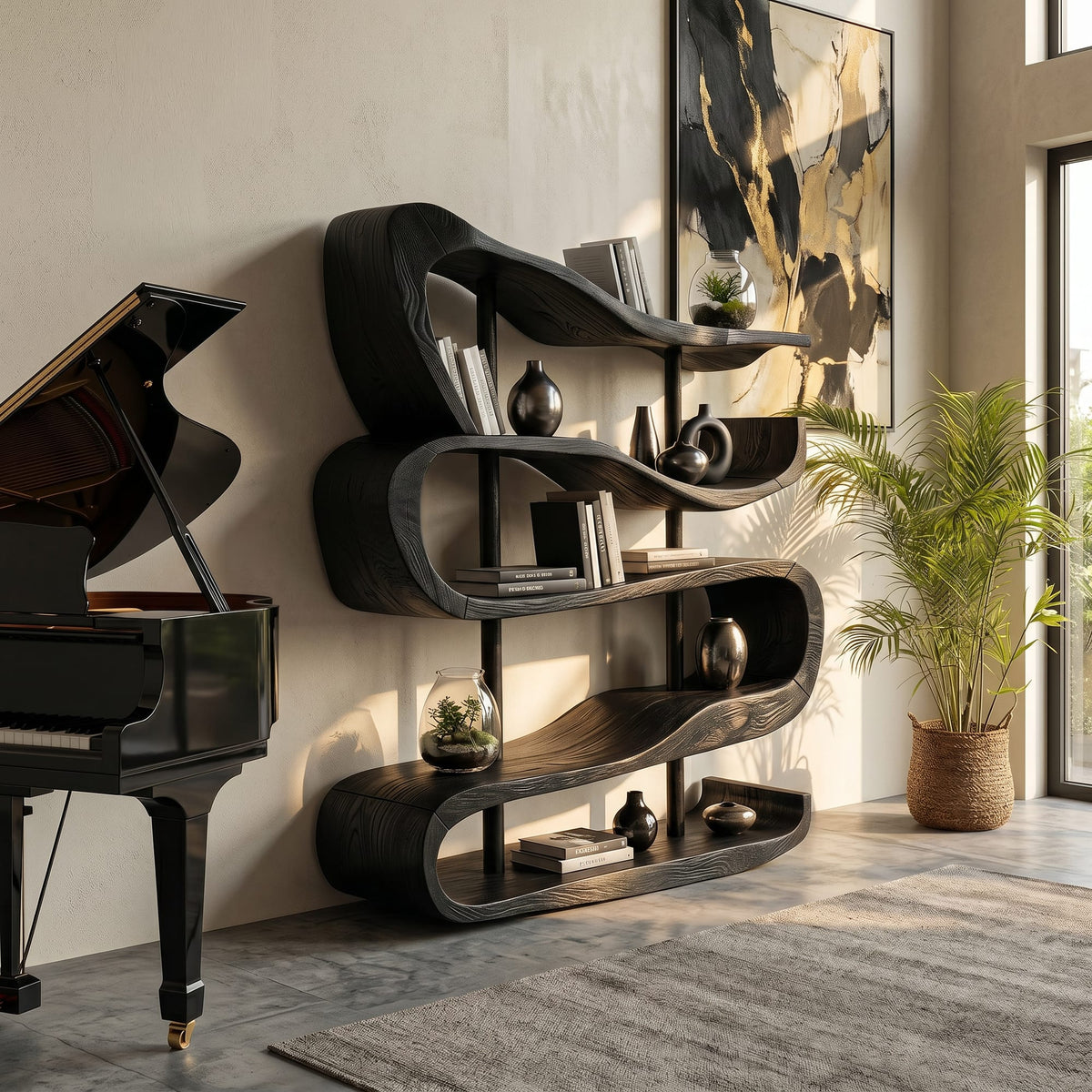 Artistic Display Shelf in Organic Form, solid wood, built to order