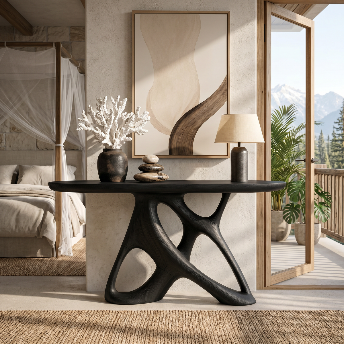 Organic Open Frame Console Table Designer Foyer, solid wood, built to order, view 4