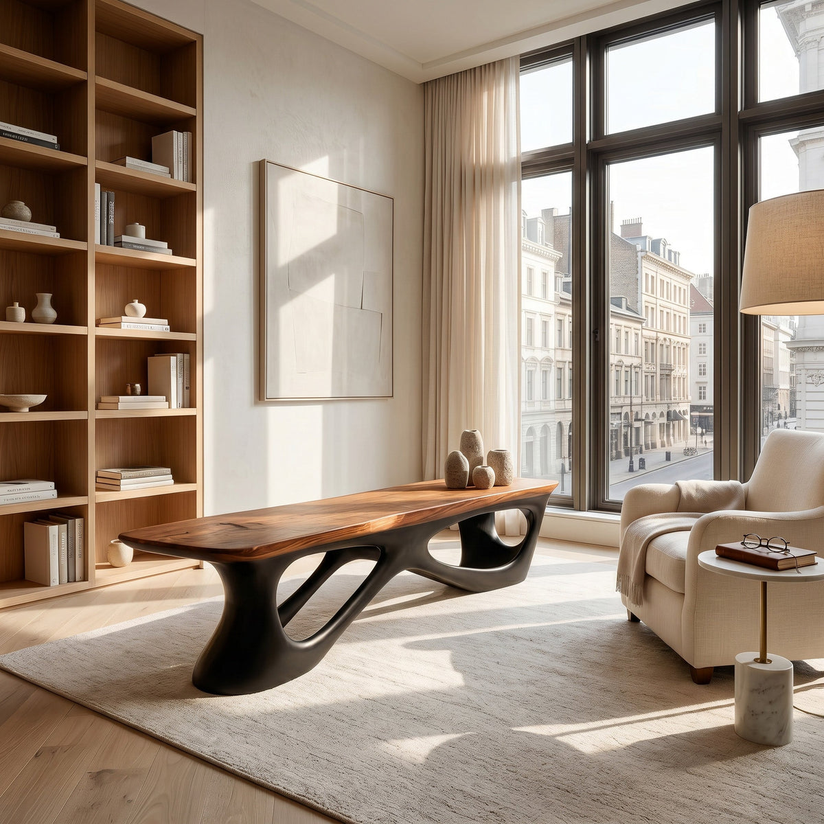 Contemporary Bench for Window Corner, solid wood, built to order