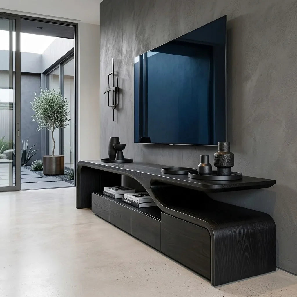 Contemporary Sculptural TV Console, solid wood, built to order, view 4