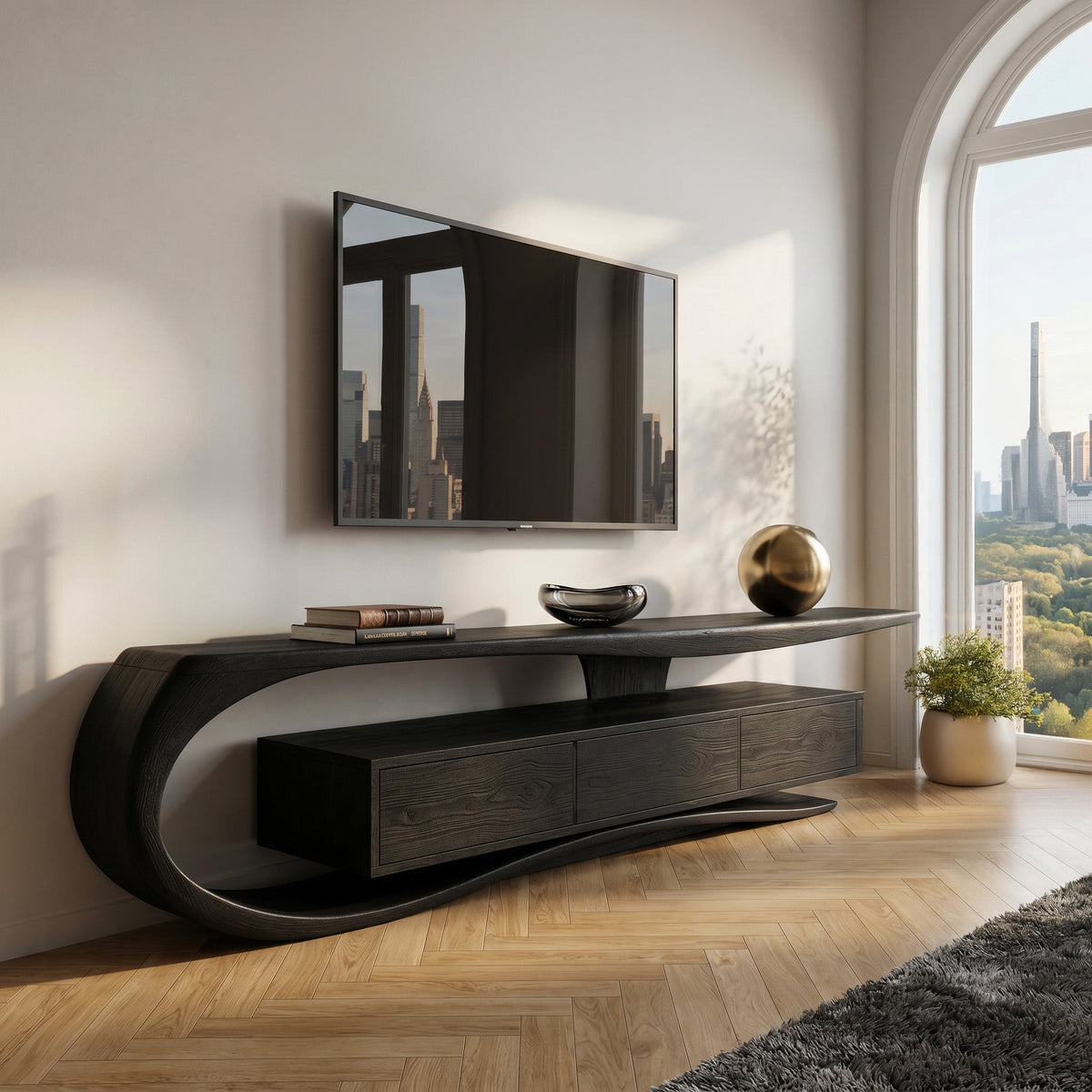 Minimalist Curved TV Console, solid wood, built to order, view 4