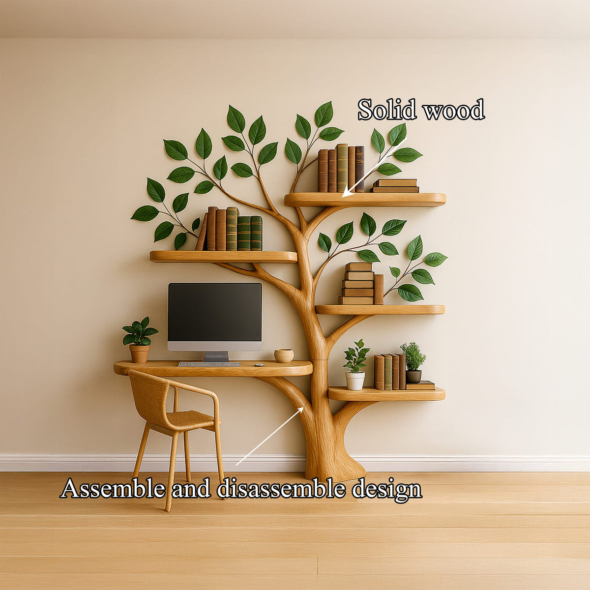 Tree Bookshelf Desk Mid Century Living Bedroom, solid wood, built to order