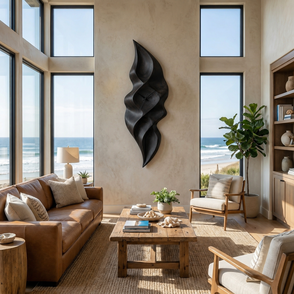 Contemporary Wall Clock with Wave Sculpture, solid wood, built to order, view 4