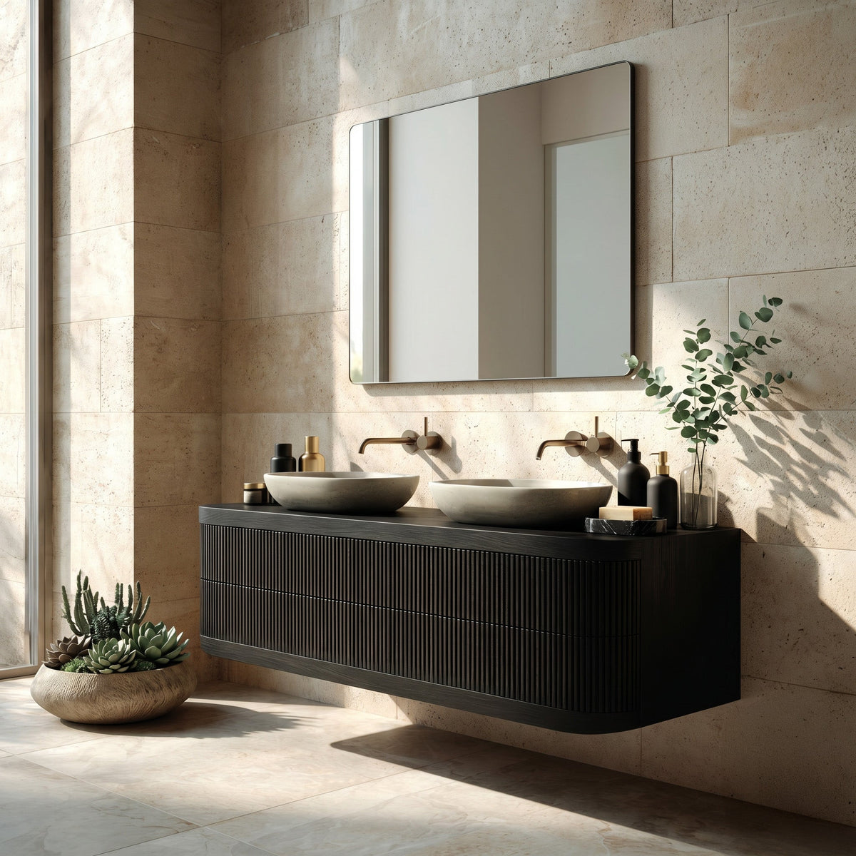 Contemporary Floating Bathroom Vanity with Fluted Front, solid wood, built to order