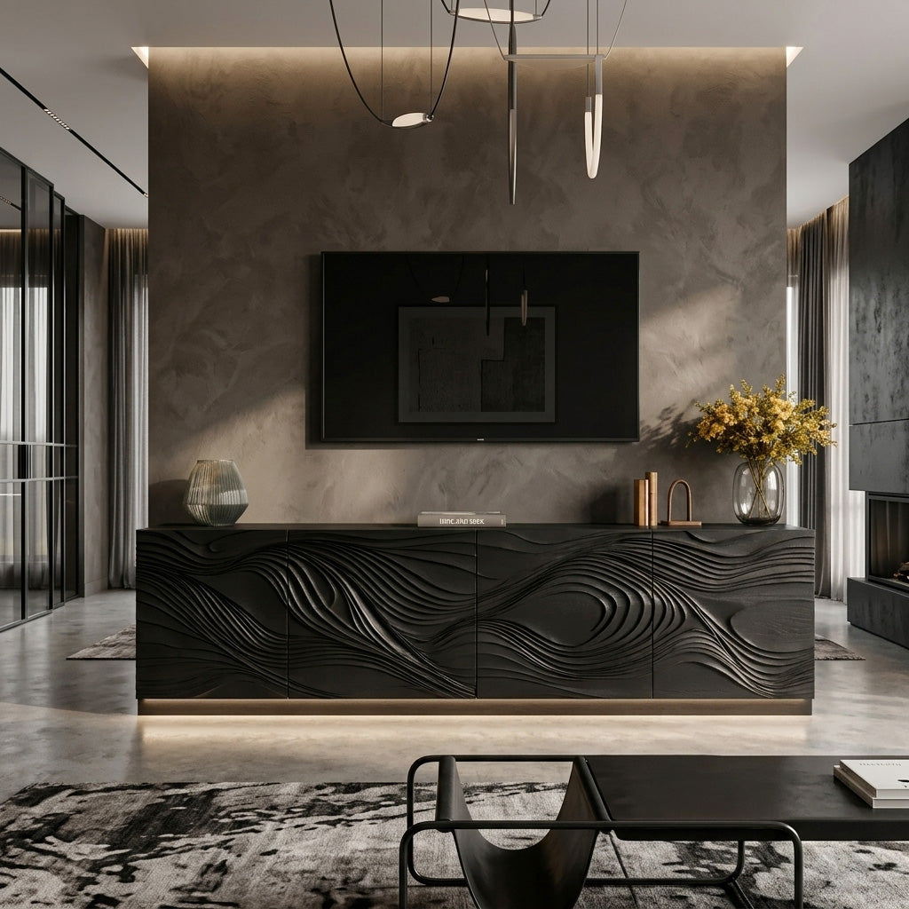 Artistic TV Console with Wave Pattern, solid wood, built to order, view 4